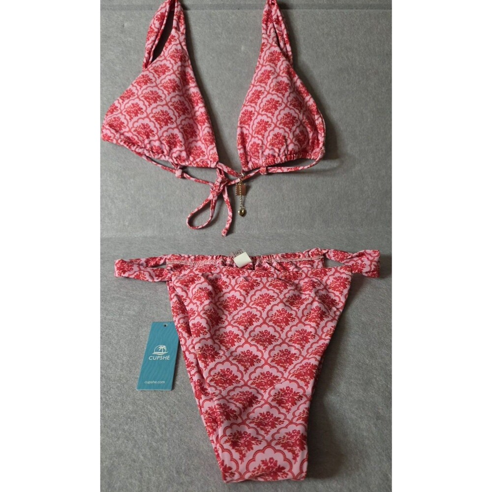 CUPSHE Pink Red Floral Print Triangle String Bikini Set Gold Charm XL NWT